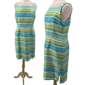Vintage 90s Silk Mini Sheath Dress Squareneck Striped Artsy Green Blue Womens 12